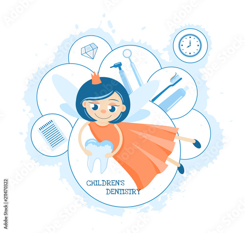 Tooth Fairy. Childrens dental clinic. Toothpaste for children. Care and hygiene of the oral cavity. dentistry and orthodontics