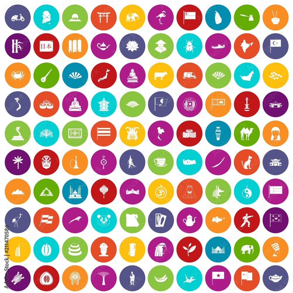 100 Asia icons set in different colors circle isolated vector illustration 100 Asia icons set in different colors circle isolated vector illustration