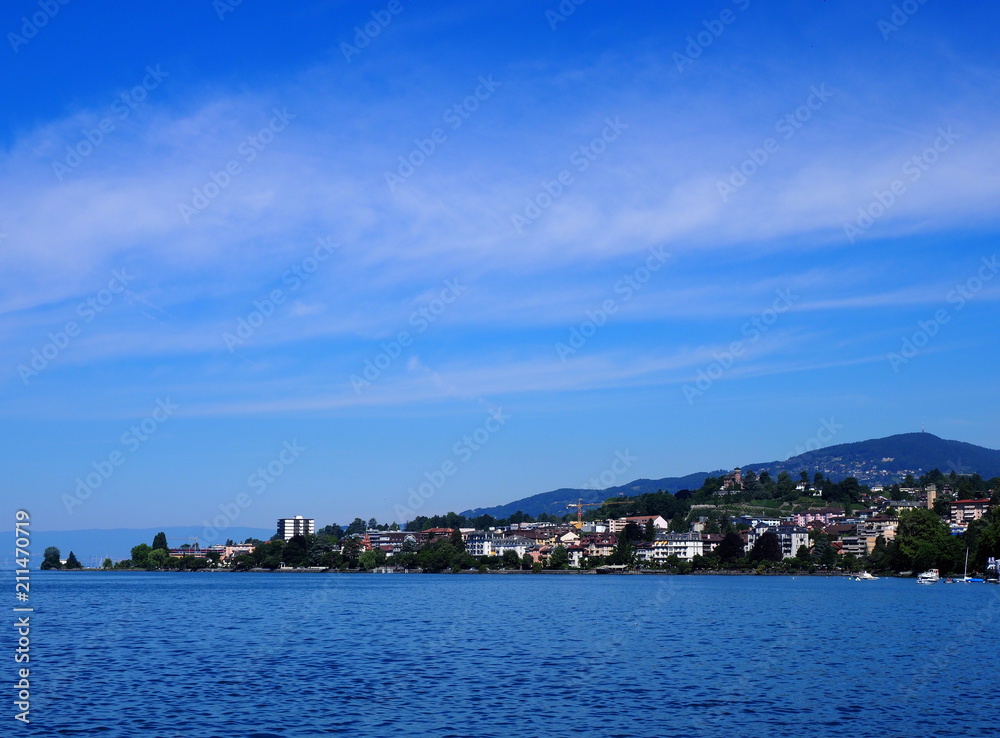 Interesting view of Lake Geneva landscape in swiss european city of Montreux at alpine riviera in SWITZERLAND