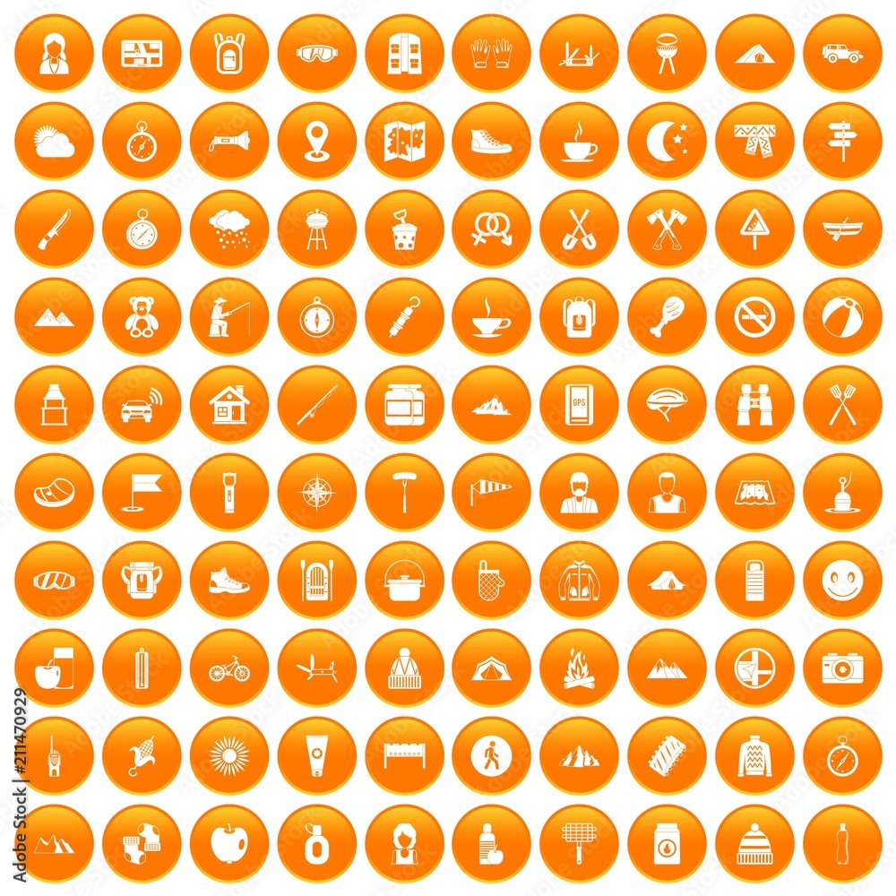 100 family camping icons set in orange circle isolated on white vector illustration 100 family camping icons set in orange circle isolated on white vector illustration