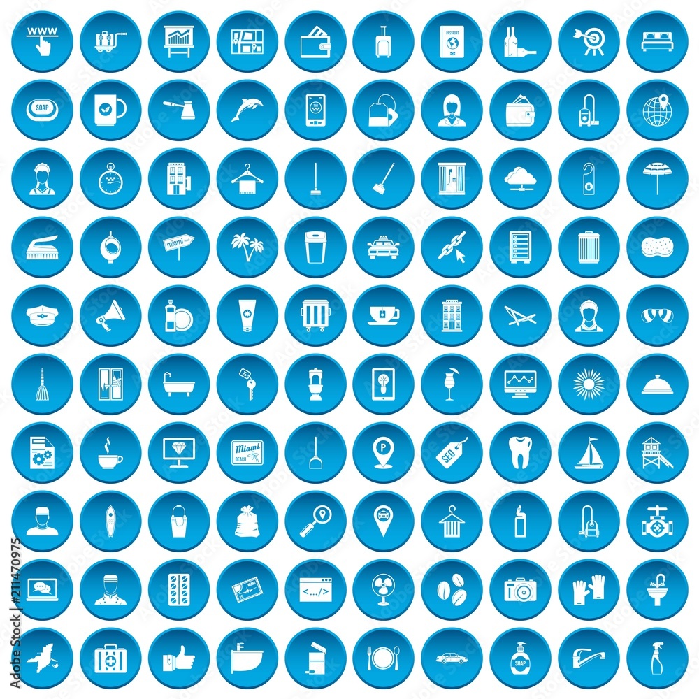 100 hotel services icons set in blue circle isolated on white vectr illustration