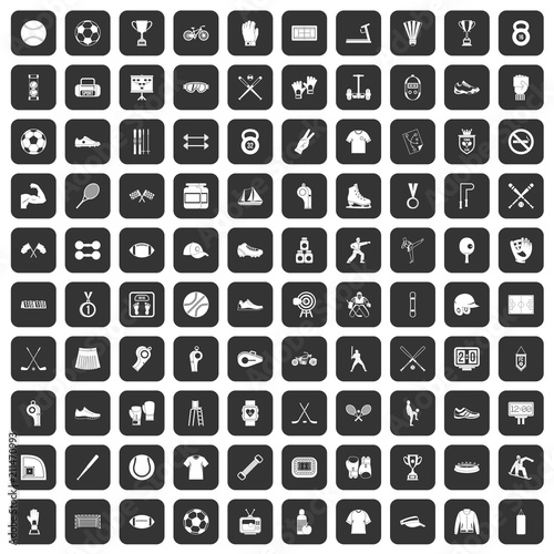 100 athlete icons set in black color isolated vector illustration