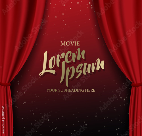 Teather stage with red heavy curtain with golden text and stars.