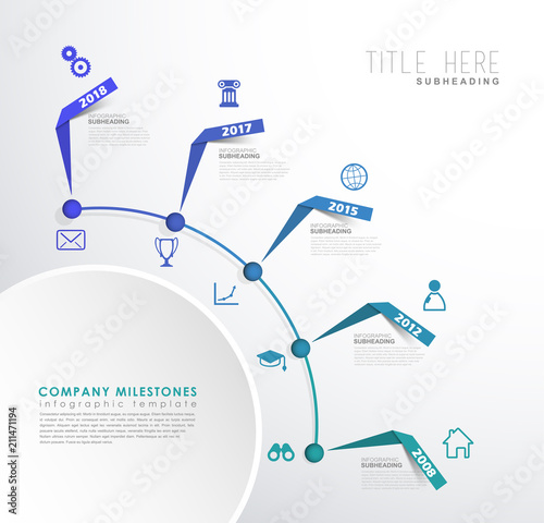 Infographic colorful milestones time line vector template with icons.