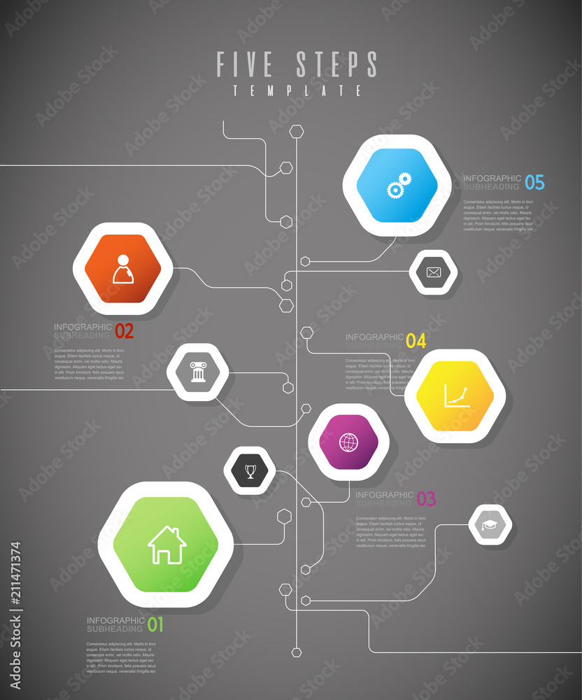 Infographic colorful milestones time line vector template with icons.