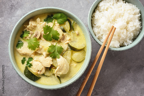 Green chicken curry with jasmine rice. photo