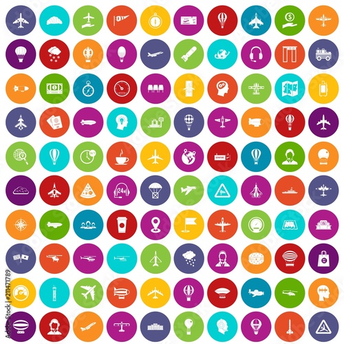 100 aviation icons set in different colors circle isolated vector illustration