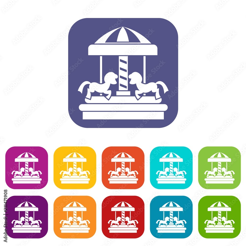 Carousel with horses icons set vector illustration in flat style in colors red, blue, green, and other Carousel with horses icons set vector illustration in flat style in colors red, blue, green, and other