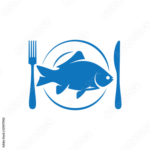 fish on plate with fork and knife logo on white background