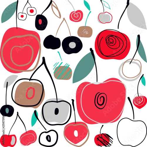 Tapety Wektorowy ilustracja wzór z wiśniami. Tło lato w stylu skandynawskim.