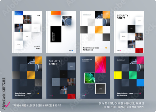 Brochure design rectangular template. Colourful modern abstract set, annual report with shapes for branding.