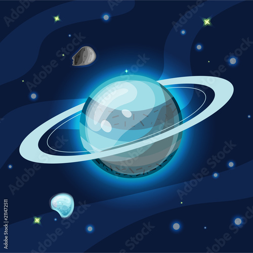 Uran, vector cartoon illustration. Blue Uran planet of Solar system in dark deep blue space, isolated on blue background