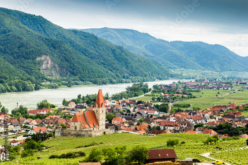 Canvas Print Scenic View into the Wachau with the river Danube and town Weissenkirchen in Lower Austria