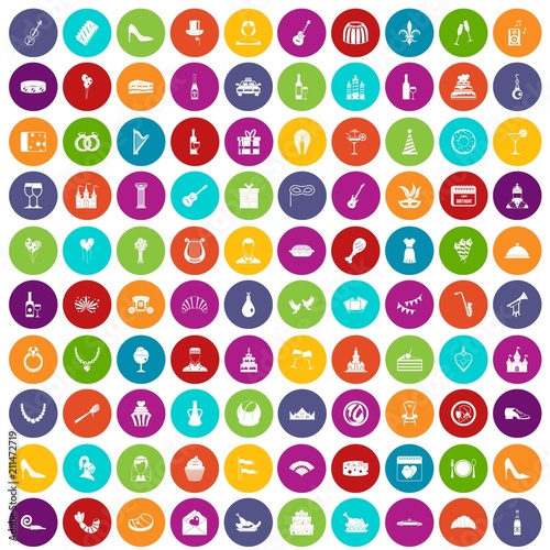 100 banquet icons set in different colors circle isolated vector illustration