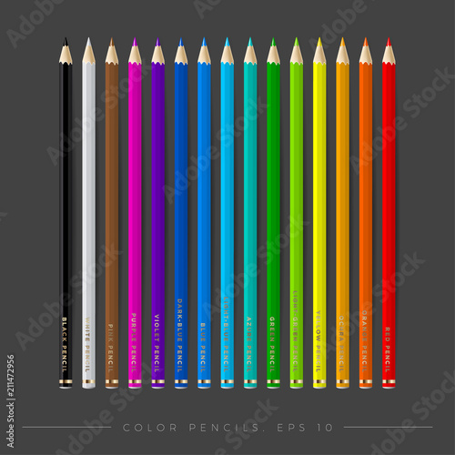 Set of isolated vector illustration of color pencils. Colorful stationery. Vector Eps 10. Colored pencils with shadows on gray background.  