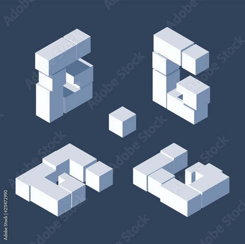 Isometric letters G in varions views. Made with 3d blocks and cubes