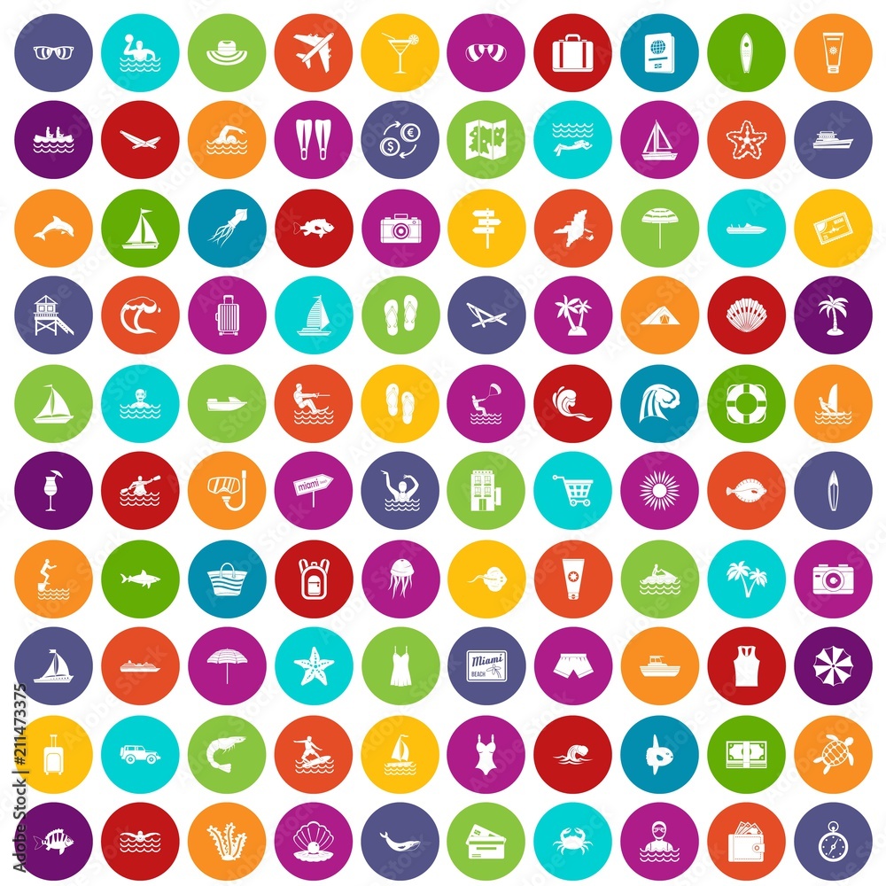 100 beach icons set in different colors circle isolated vector illustration 100 beach icons set in different colors circle isolated vector illustration