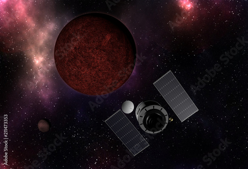 Fototapeta Naklejka Na Ścianę i Meble -  Interstellar spaceship flying to vibrant outer space with stars, nebula and planets.