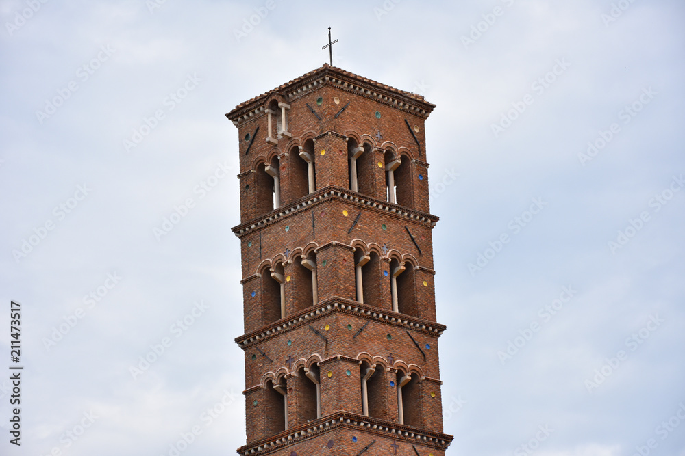 Rome,  view and details of the archaeological area of the Roman Forums. Bell tower of the Basilica of Santa Francesca Romana.