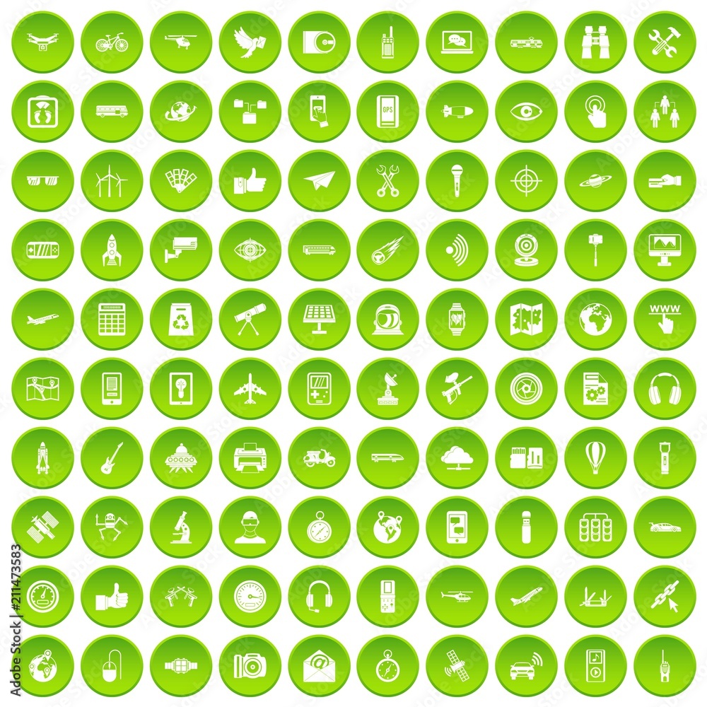 100 wireless technology icons set in green circle isolated on white vectr illustration 100 wireless technology icons set in green circle isolated on white vectr illustration
