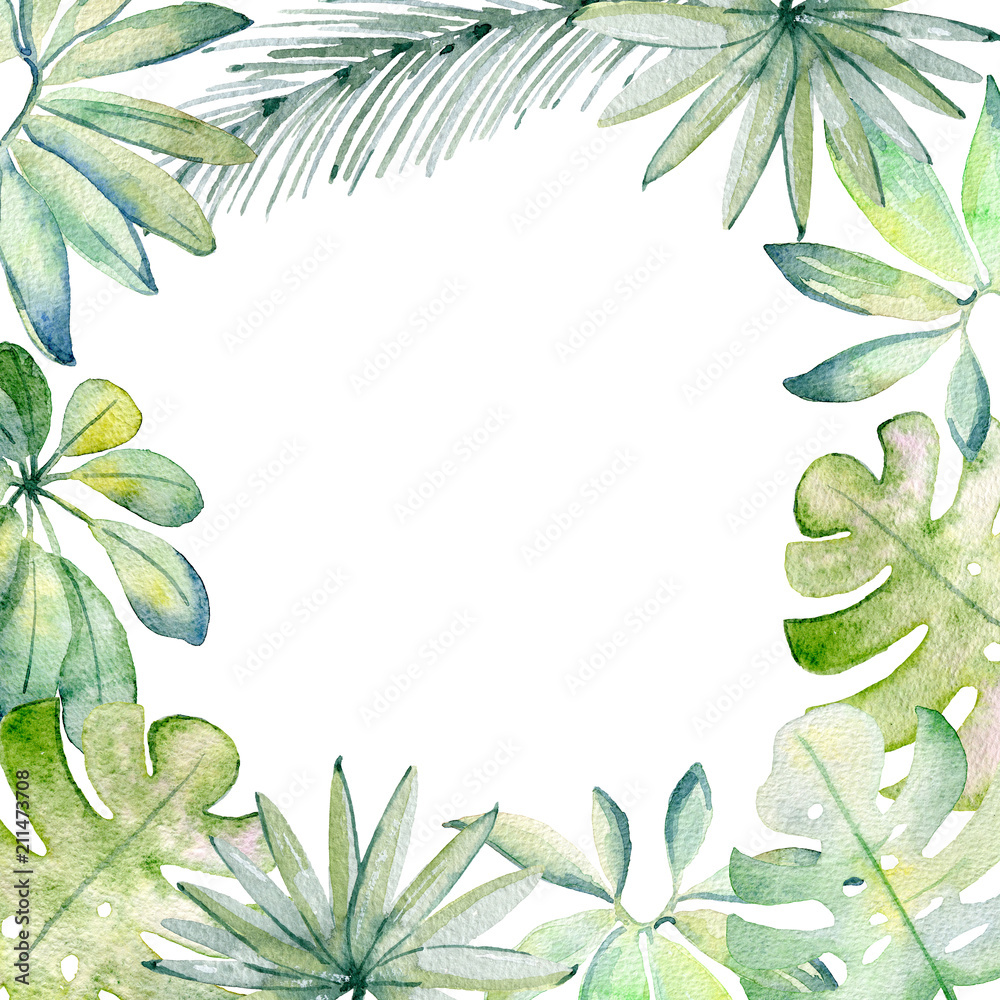 Frame. Watercolor Tropical green leaves on the white background
