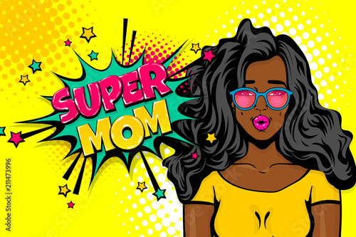 Super mom wow face. Black african-american young girl pop art. Woman pop art. Comic text advertise speech bubble. Retro halftone background.