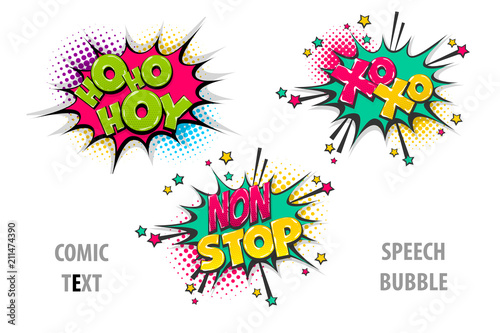 xoxo, hoho pop art style set hand drawn sound effects template comics book text speech bubble. Halftone dot background.