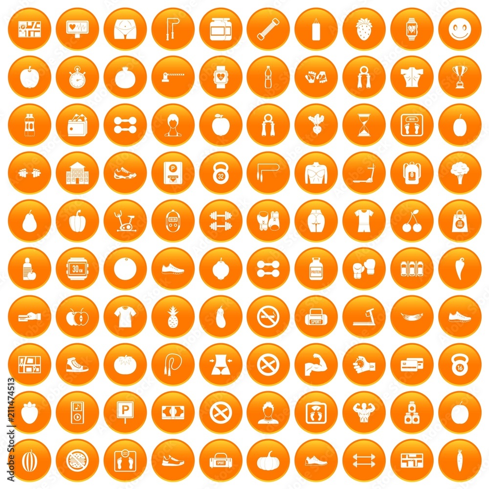 100 gym icons set in orange circle isolated on white vector illustration 100 gym icons set in orange circle isolated on white vector illustration