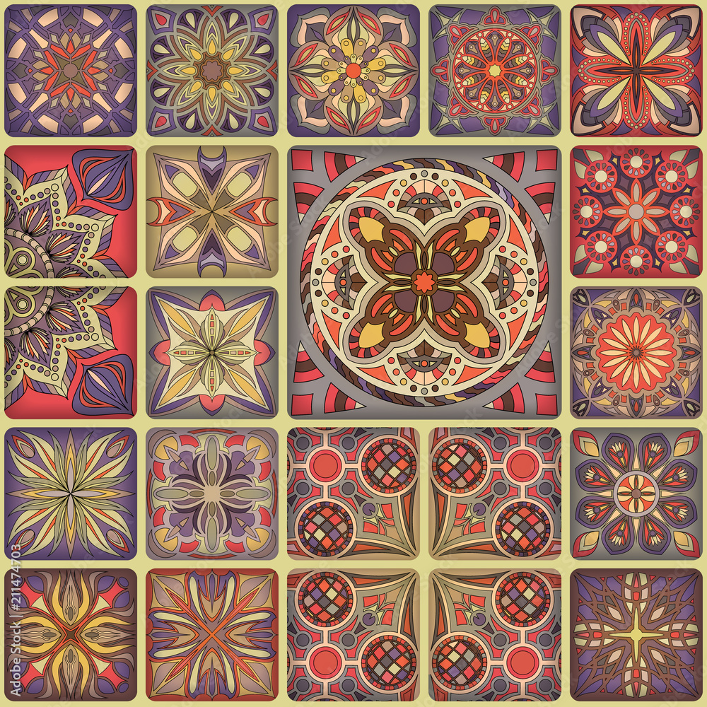 Ethnic floral mandala seamless pattern. Colorful mosaic background.
