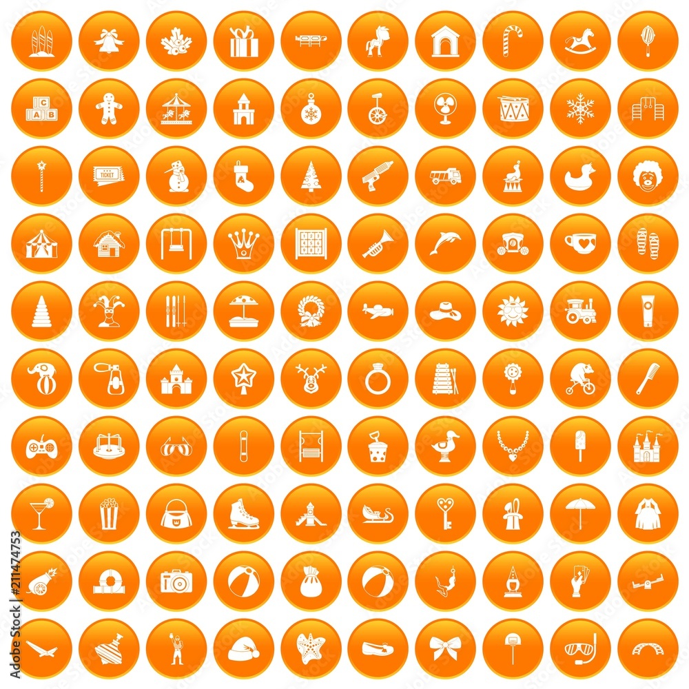 100 happy childhood icons set in orange circle isolated on white vector illustration 100 happy childhood icons set in orange circle isolated on white vector illustration