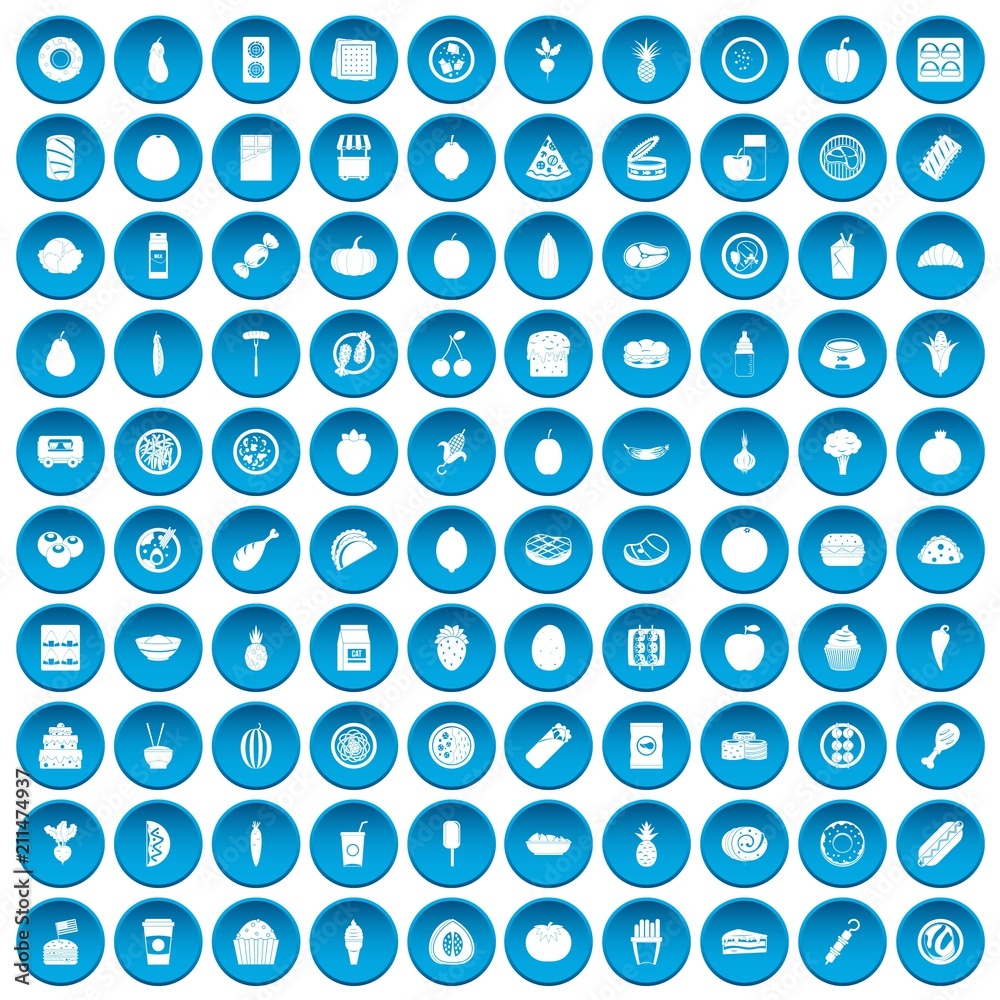 100 nutrition icons set in blue circle isolated on white vectr illustration 100 nutrition icons set in blue circle isolated on white vectr illustration