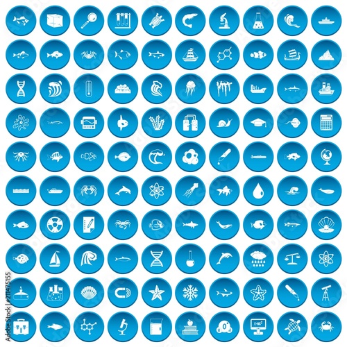 100 oceanology icons set in blue circle isolated on white vectr illustration