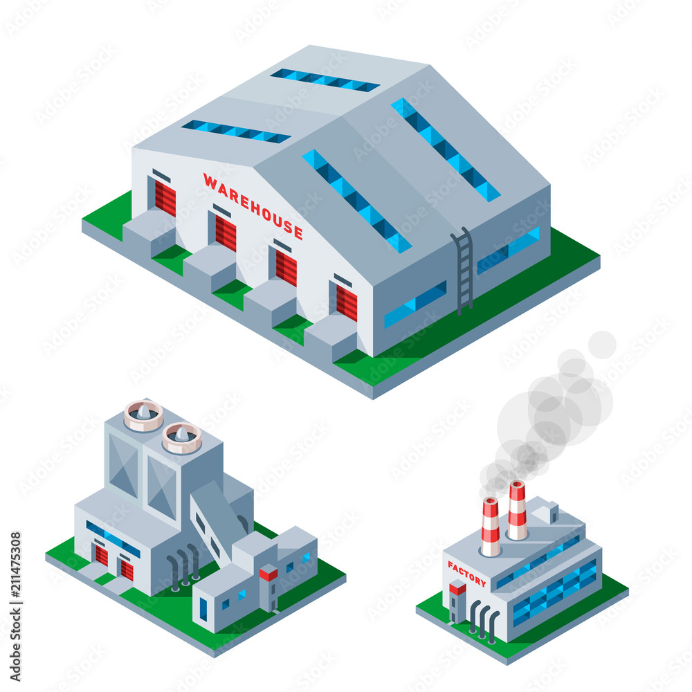 Isometric factory building icon industrial element warehouse architecture house vector illustration