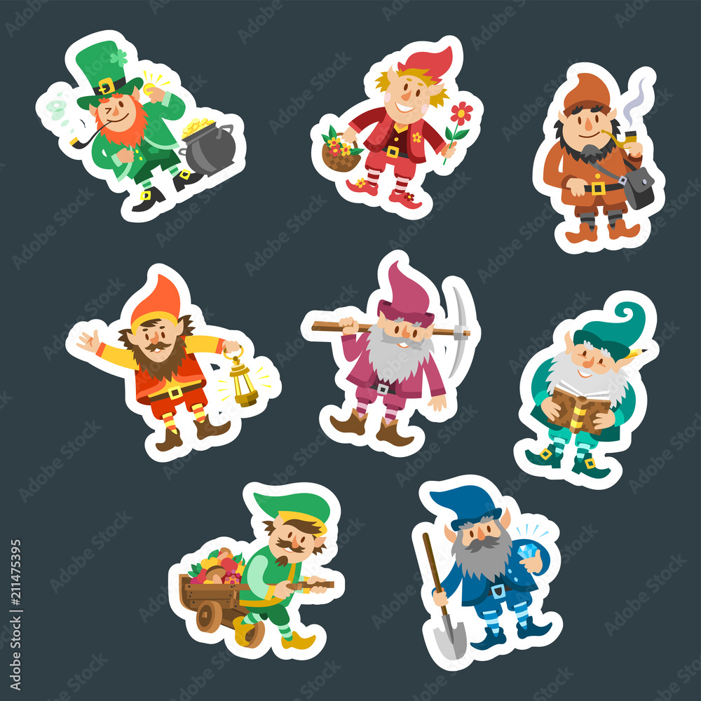 Fairy tale fantastic gnome dwarf elf character poses magical leprechaun cute fairy tale man vector illustration Fairy tale fantastic gnome dwarf elf character poses magical leprechaun cute fairy tale man vector illustration