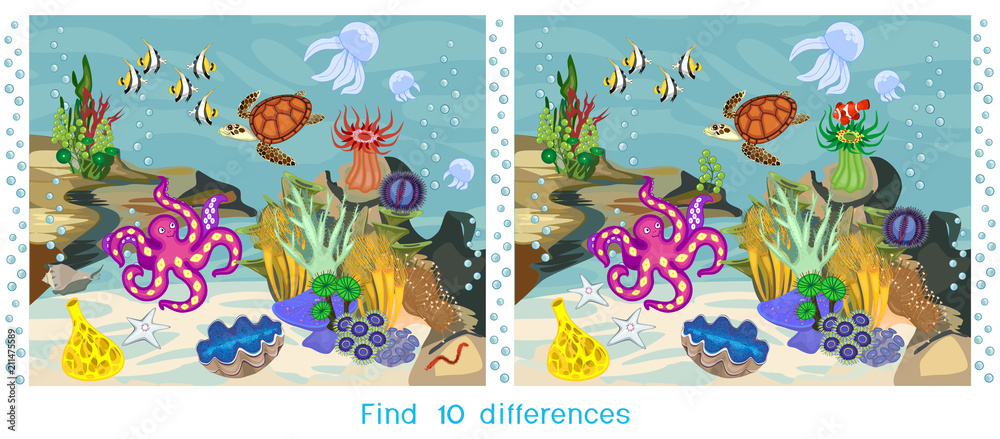 Obraz premium Find ten differences. Game for children with ecosystem of coral reef with different marine inhabitants