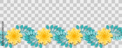 Set paper vector art. Chamomile bud origami transparent background. Floral banner design. Craft 3d plant eco card. Illustration green leaf lush template.