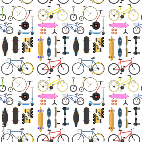 Active city transport eco alternative energy bike scooter one and two-wheeled mobility electro vehicle vector seamless pattern background.