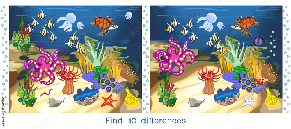 Fototapeta premium Znajdź dziesięć różnic. Gra dla dzieci z ekosystemem rafy koralowej z różnymi mieszkańcami morza