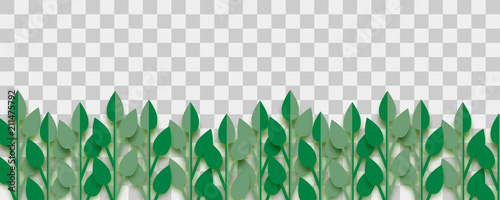 Paper cut vector art. Grass origami transparent background. Floral abstract banner design. Craft 3d plant eco card. Illustration leaf lush template.