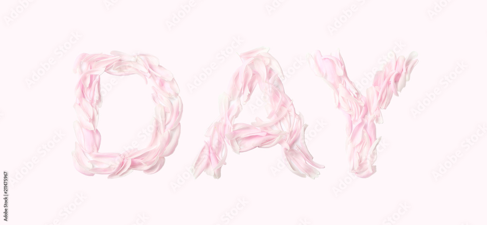 text DAY on light pink background. letters lined with fresh petals peony of the pink color. creative layout. minimal concept, flat lay,top view