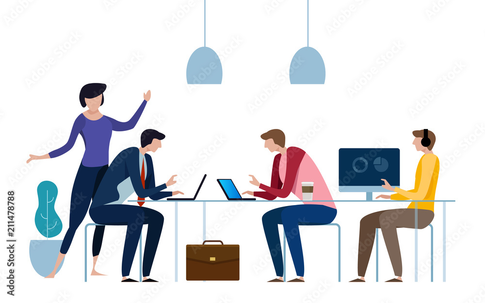 Concept of the coworking center. Business meeting. Flat design style vector illustration. Freelancers working in creative space. Modern office interior. Application development