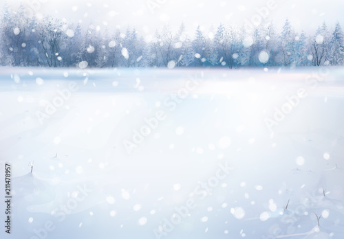 Vector winter snowfall  landscape with forest background.
