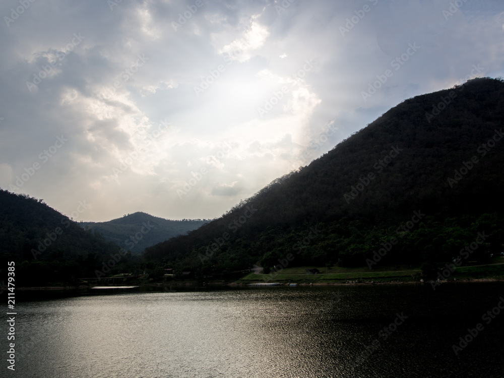 river and mountain on blue sky with cloud background river and mountain on blue sky with cloud background
