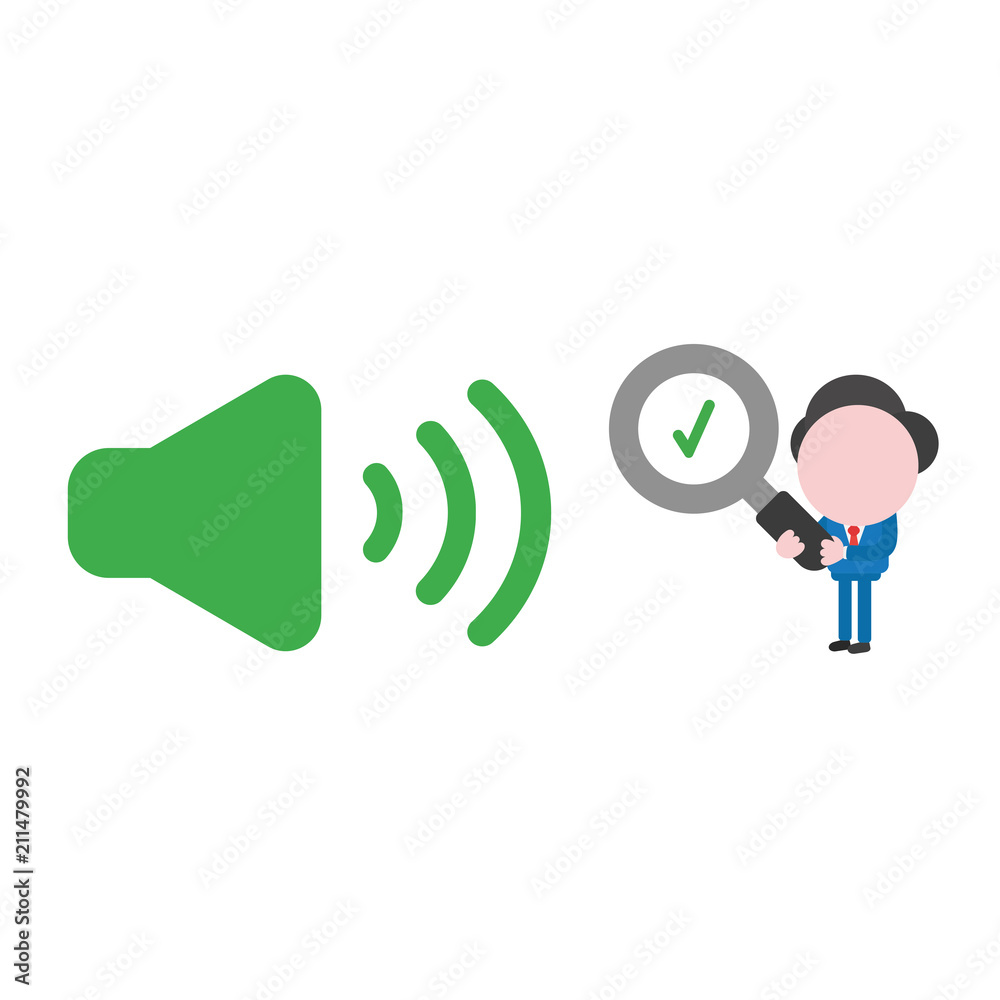 Vector businessman character holding magnifying glass with check mark to sound on icon Vector businessman character holding magnifying glass with check mark to sound on icon