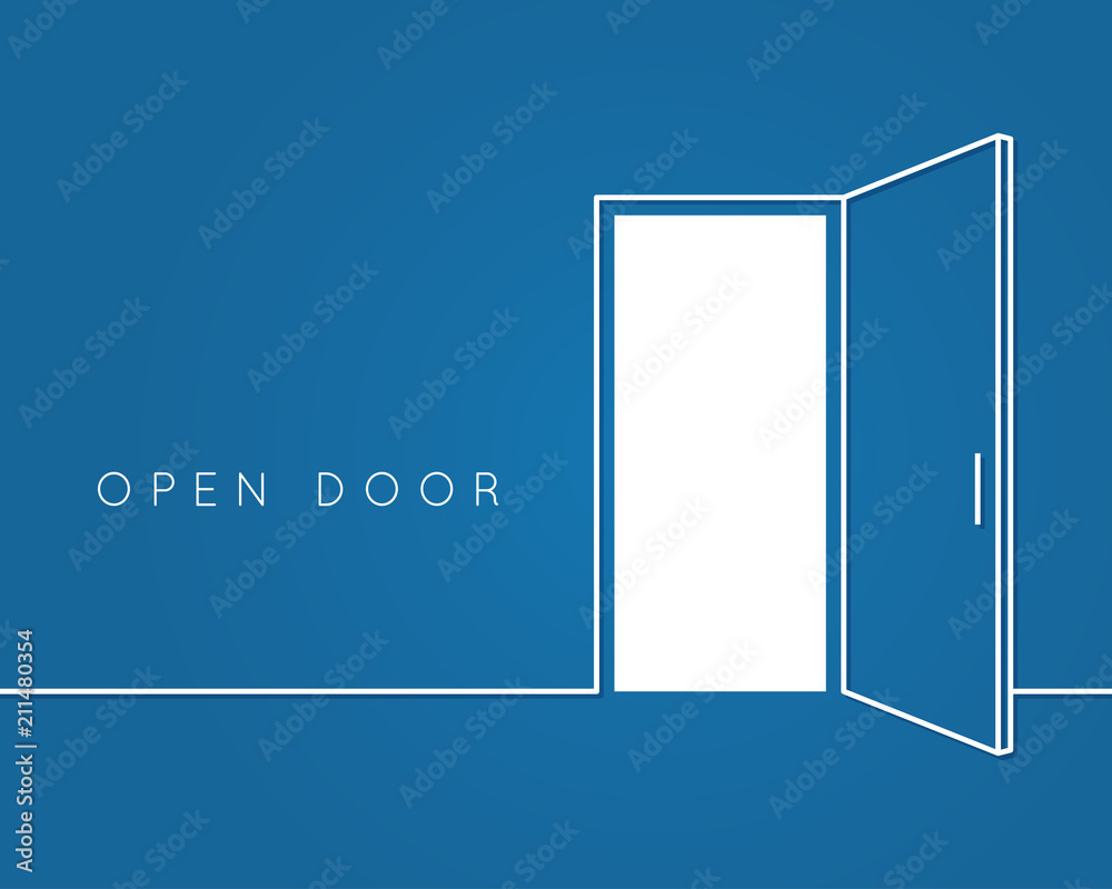 Open door line concept. Blue room logo vector background - obrazy, fototapety, plakaty 