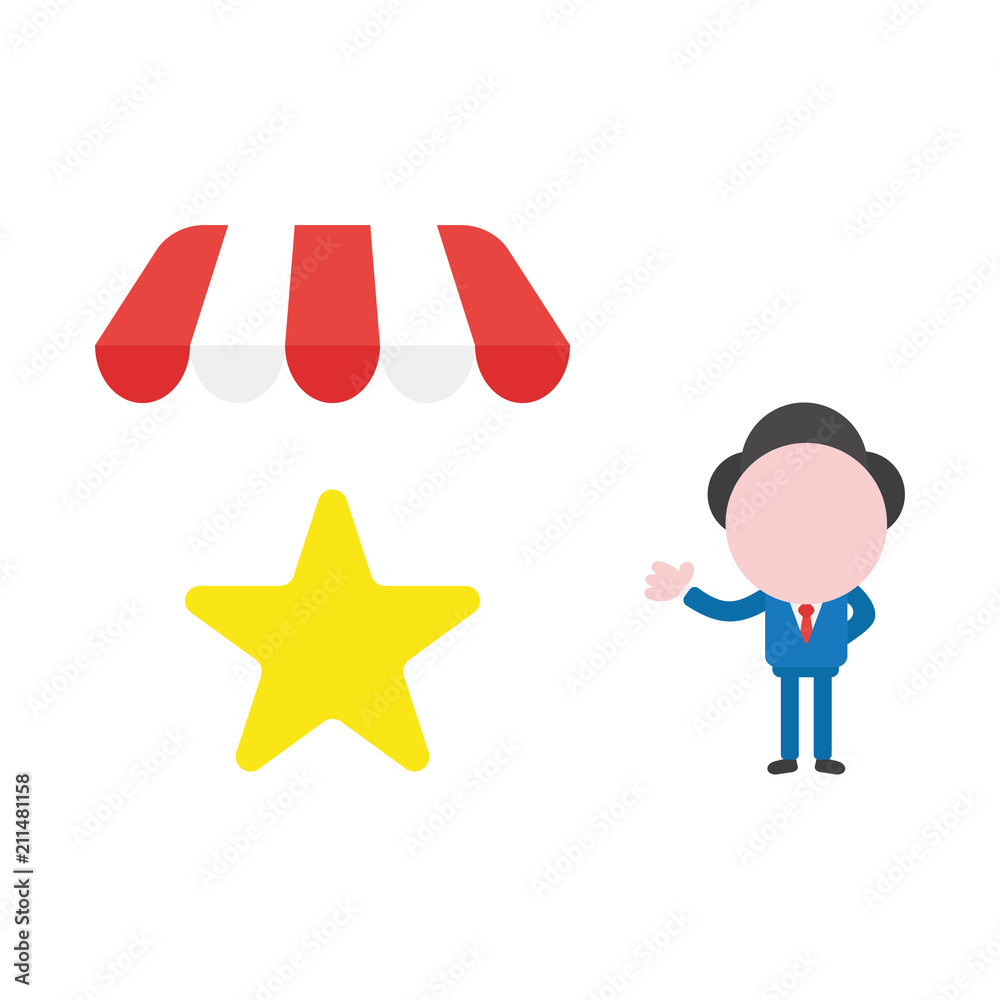 Vector businessman character with star under shop store awning Vector businessman character with star under shop store awning