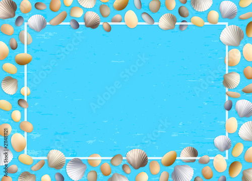 Shells frame. Blue grunge background. Stones and seashells vector. Summer illustration. Ocean or sea poster. Travel illustration. Tropical beach vacation.