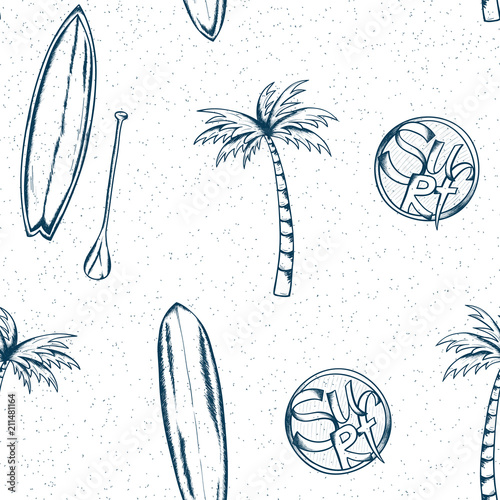 Surfing pattern. Summer doodles. Fabric design. Ocean. Beach rest background. Hand drawn effect. Surf sport. Traveling or vacation design.