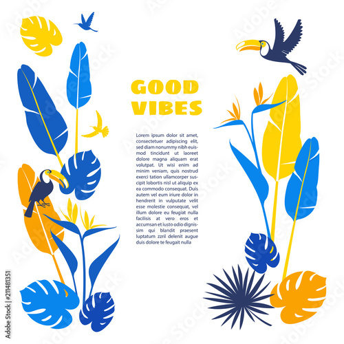 Tropical flowers, jungle palm leaves, paradise tropical humming birds and toucans. Vector floral pattern background Frame border, exotic print. Flat style Boho design: white, yellow, blue