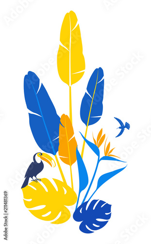 Tropical flowers, jungle palm leaves, paradise tropical humming birds and toucans. Vector floral pattern background Frame border, exotic print. Flat style Boho design: white, yellow, blue